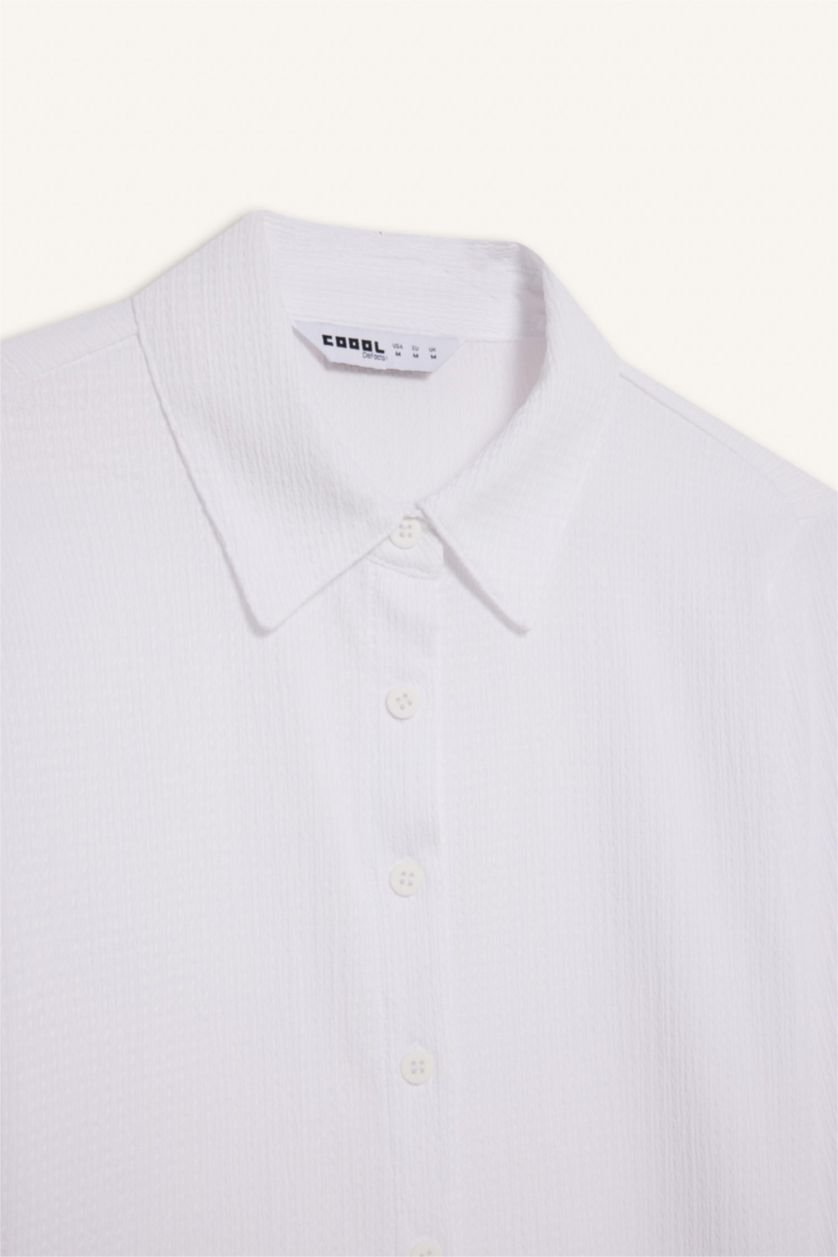 Woman White Slim Fit Shirt Collar Long Sleeve Shirt