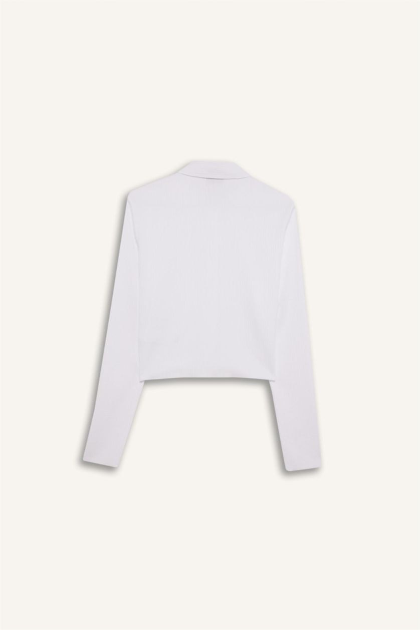 Woman White Slim Fit Shirt Collar Long Sleeve Shirt