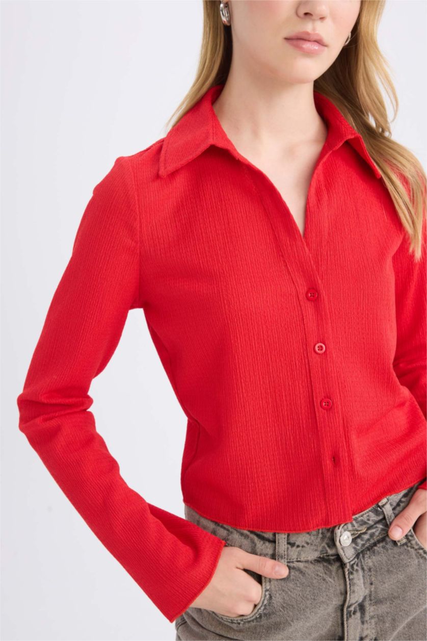 نساء أحمر قميص ردن طويل سليم فيت