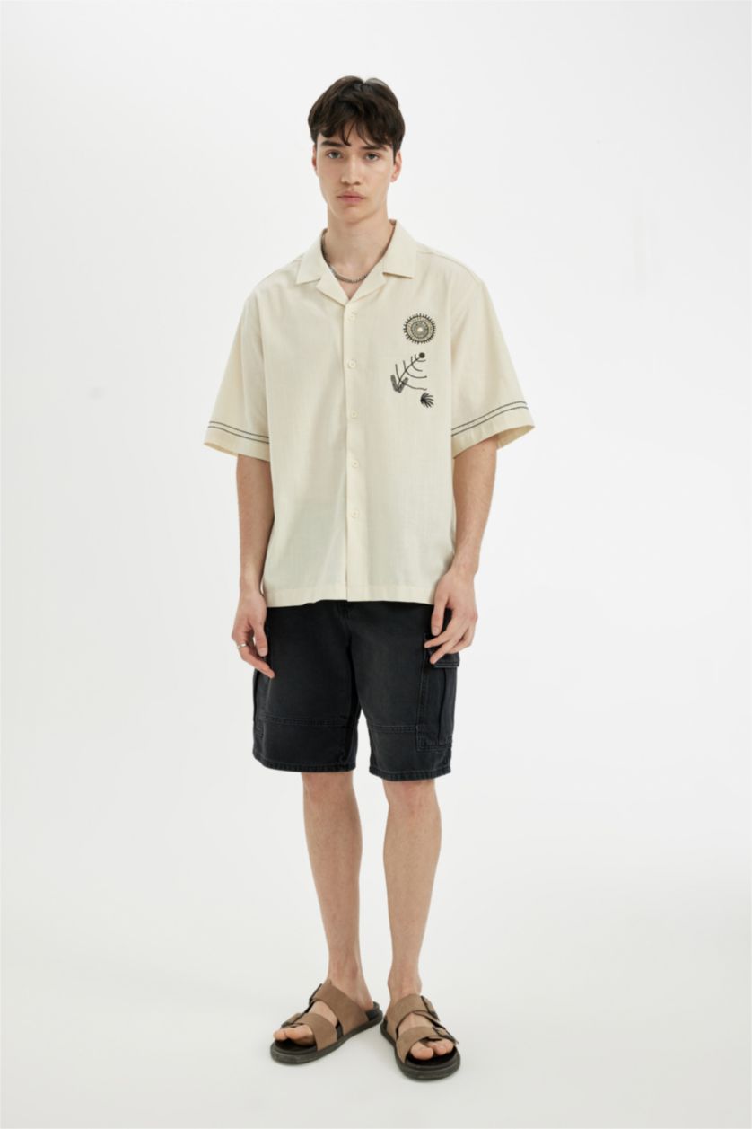 Man Beige Relax Fit Apache Neck Cotton Embroidered Short Sleeve Shirt