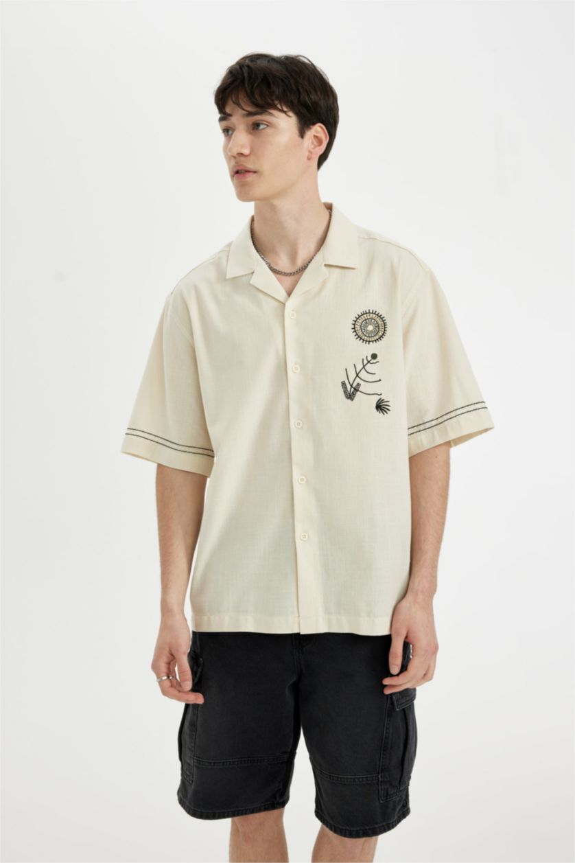 Man Beige Relax Fit Apache Neck Cotton Embroidered Short Sleeve Shirt