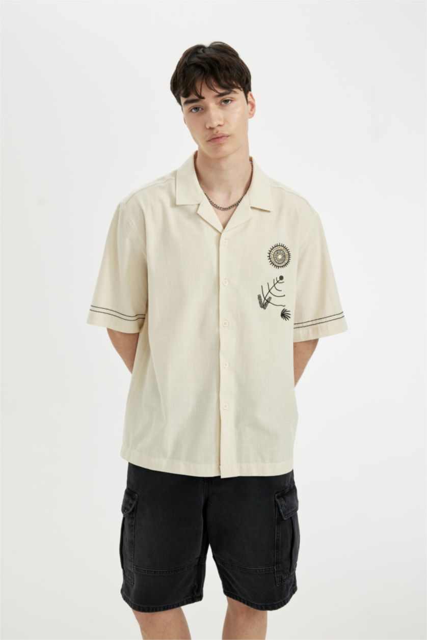 Man Beige Relax Fit Apache Neck Cotton Embroidered Short Sleeve Shirt