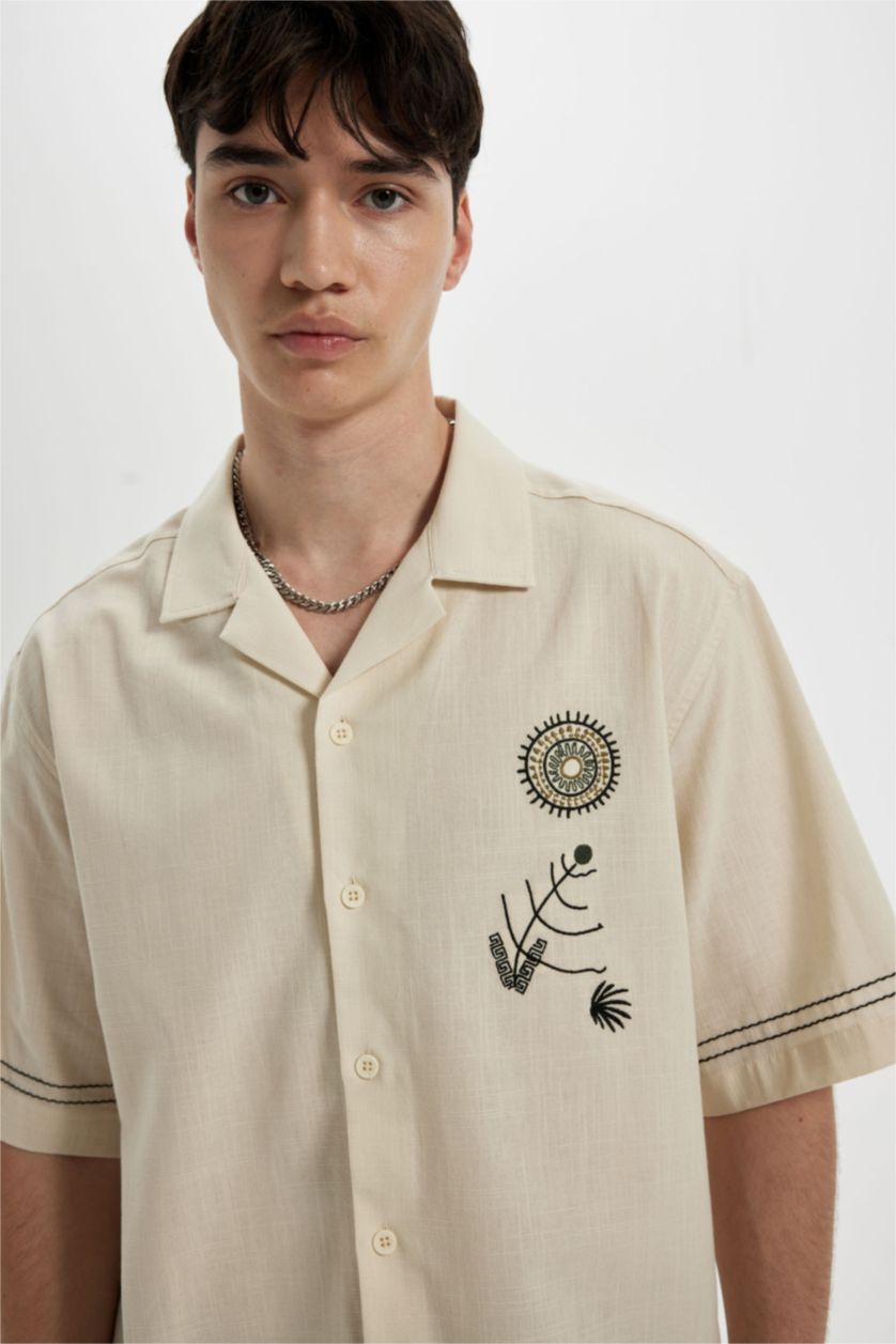 Man Beige Relax Fit Apache Neck Cotton Embroidered Short Sleeve Shirt