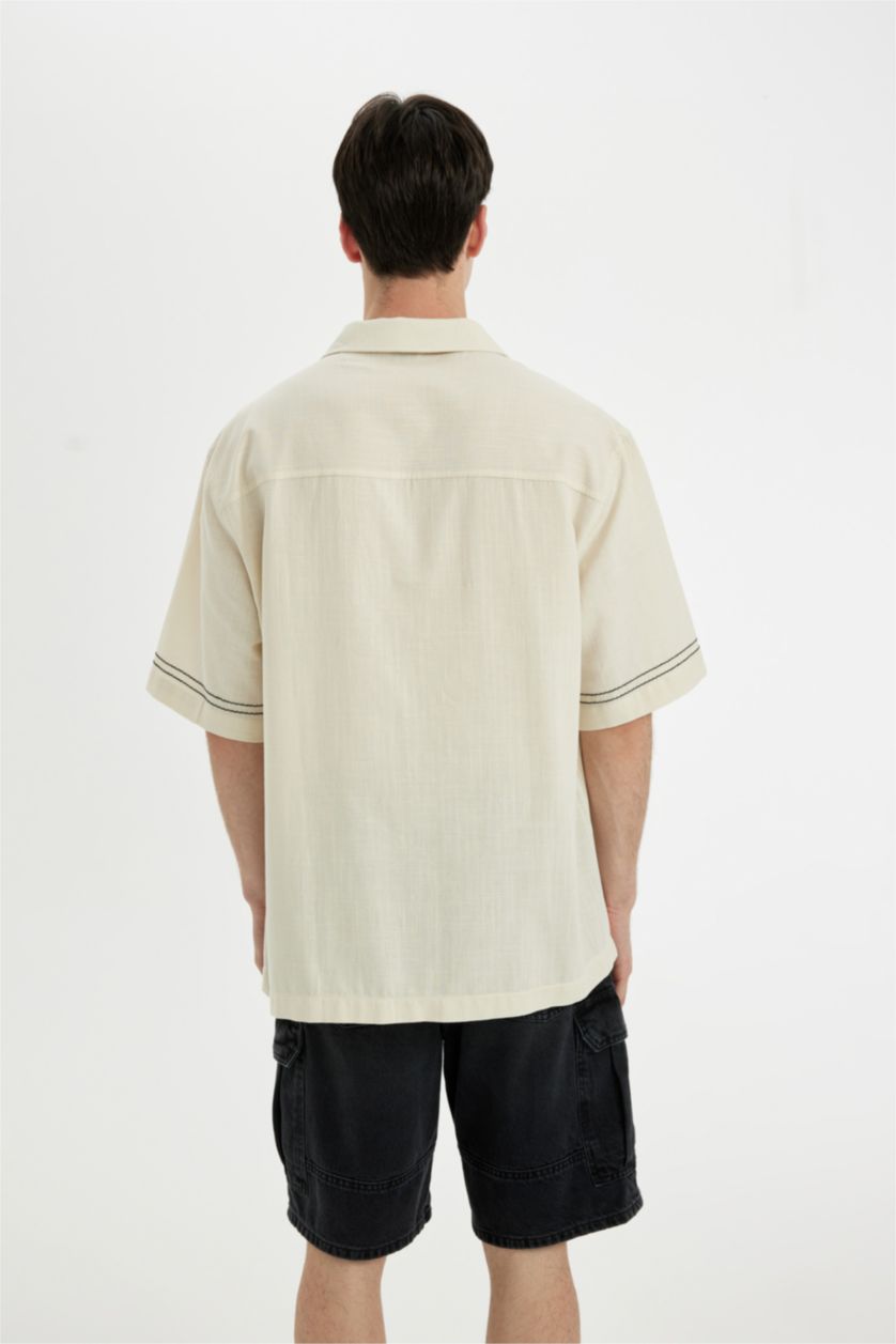 Man Beige Relax Fit Apache Neck Cotton Embroidered Short Sleeve Shirt