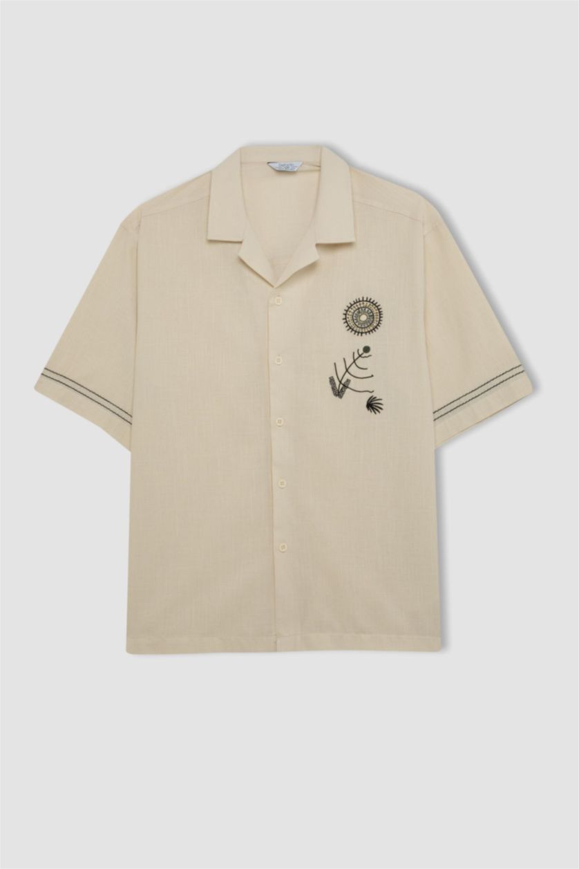 Man Beige Relax Fit Apache Neck Cotton Embroidered Short Sleeve Shirt