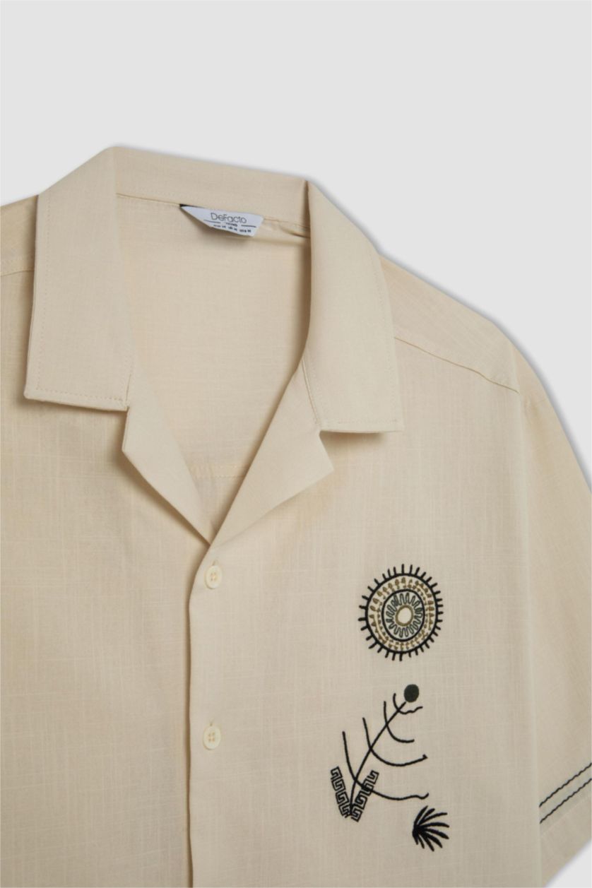 Man Beige Relax Fit Apache Neck Cotton Embroidered Short Sleeve Shirt