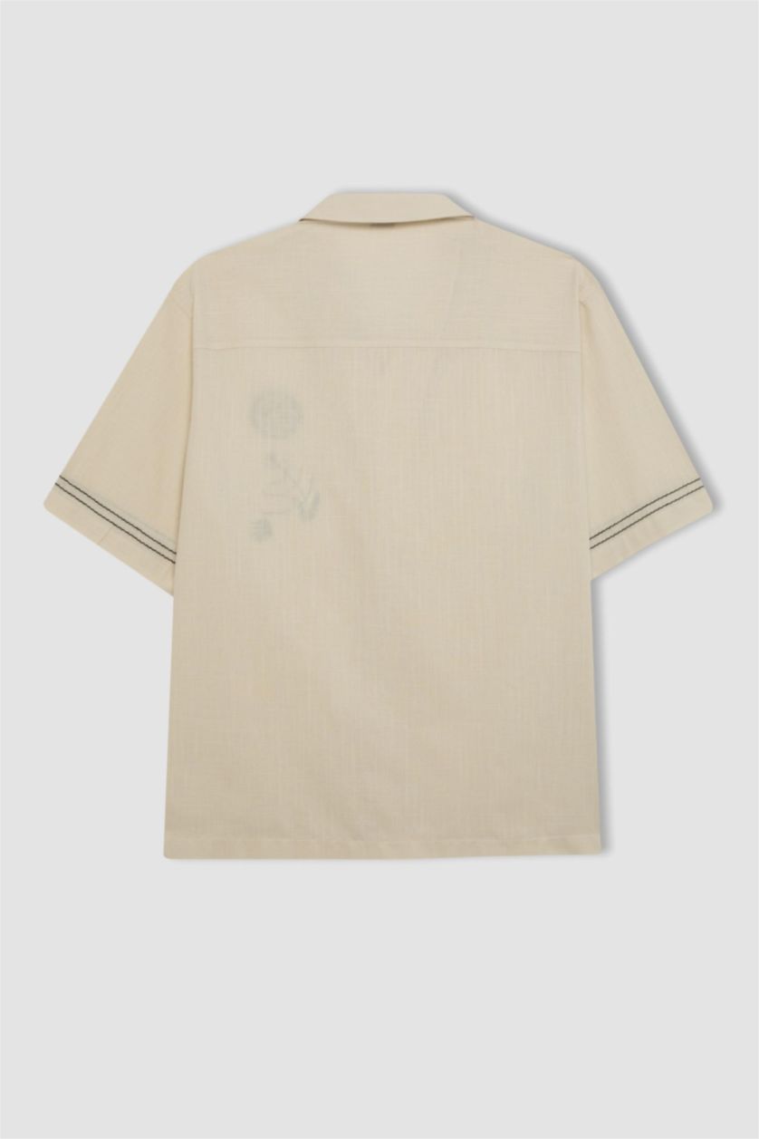 Man Beige Relax Fit Apache Neck Cotton Embroidered Short Sleeve Shirt