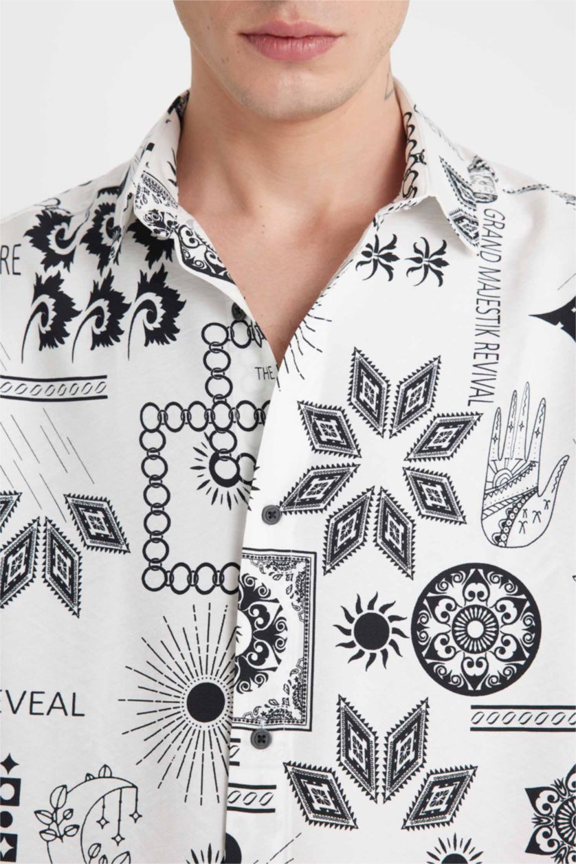 رجالي بيج فاتح قميص فيسكوز نص كم قصة مريحة مطبوع