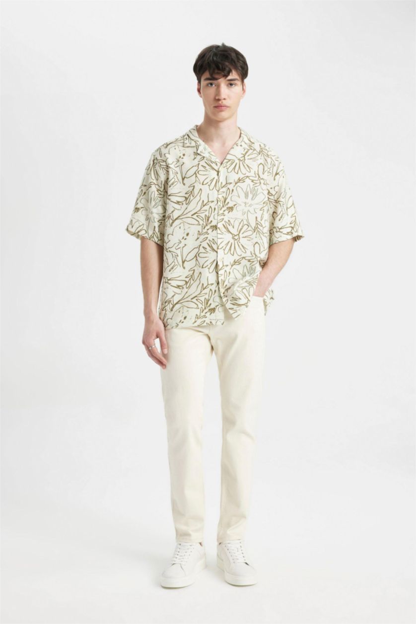 Man Beige Relax Fit Apache Neck Viscose Printed Short Sleeve Shirt