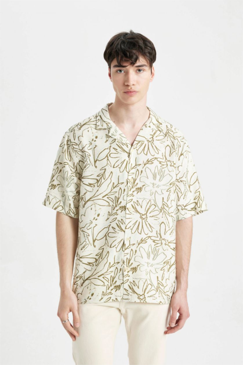 Man Beige Relax Fit Apache Neck Viscose Printed Short Sleeve Shirt