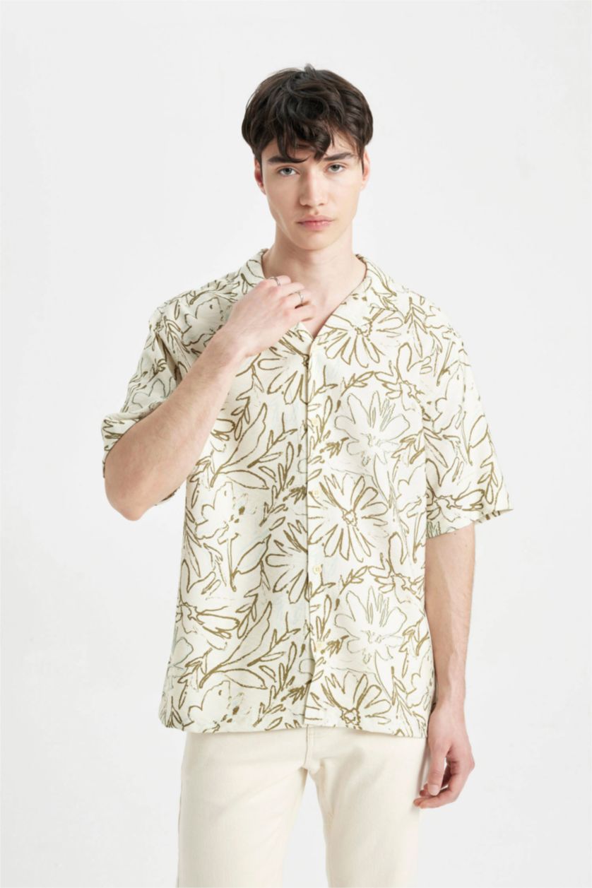 Man Beige Relax Fit Apache Neck Viscose Printed Short Sleeve Shirt