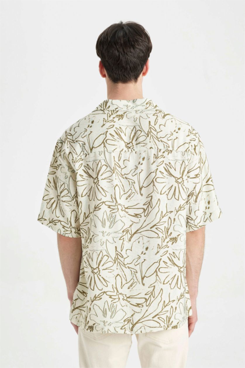 Man Beige Relax Fit Apache Neck Viscose Printed Short Sleeve Shirt