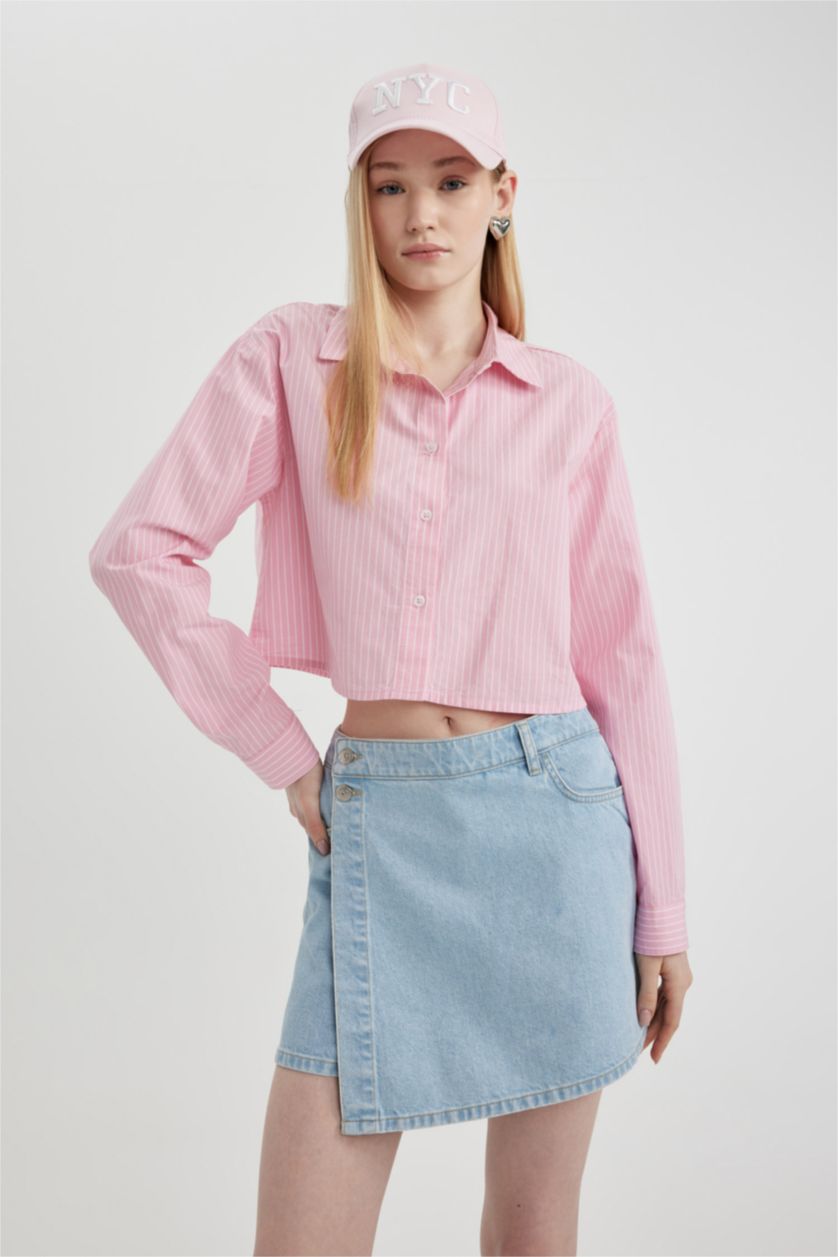 FEMME Rose Chemise Oversize courte rayée À Manches Longues