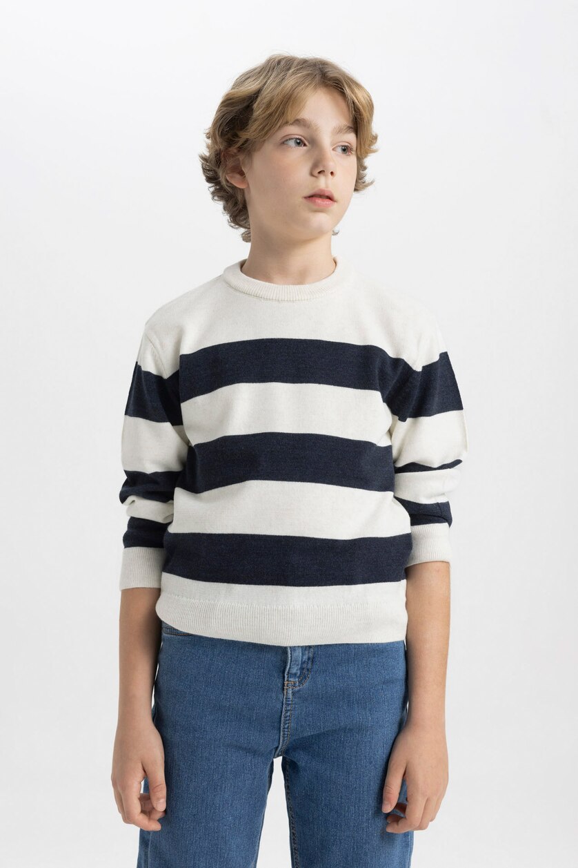 BOYS & TEENS Ecru Melange Boy Crew Neck Striped Pullover