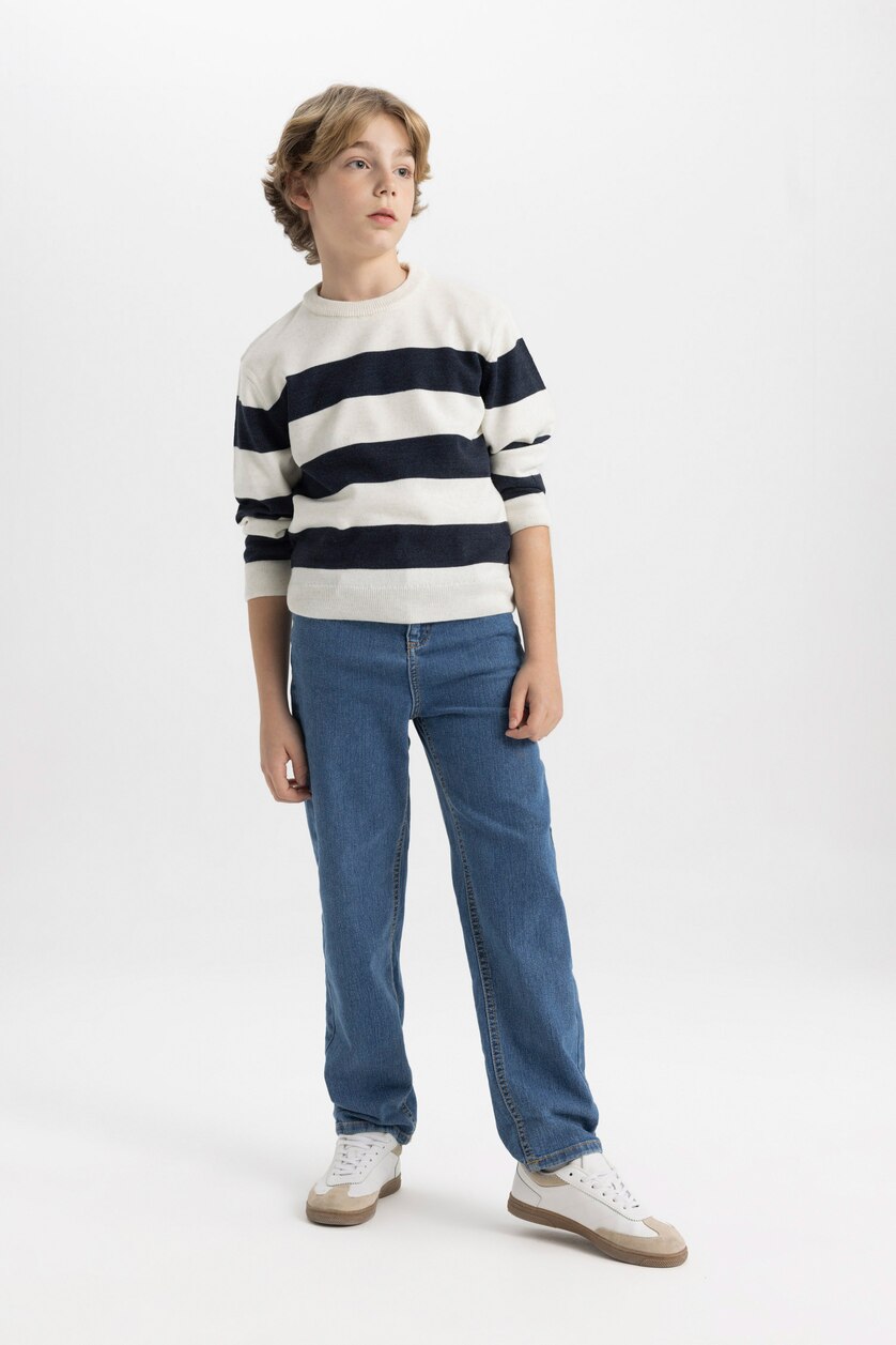 BOYS & TEENS Ecru Melange Boy Crew Neck Striped Pullover