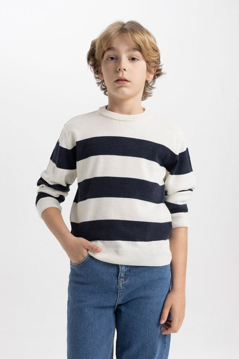BOYS & TEENS Ecru Melange Boy Crew Neck Striped Pullover