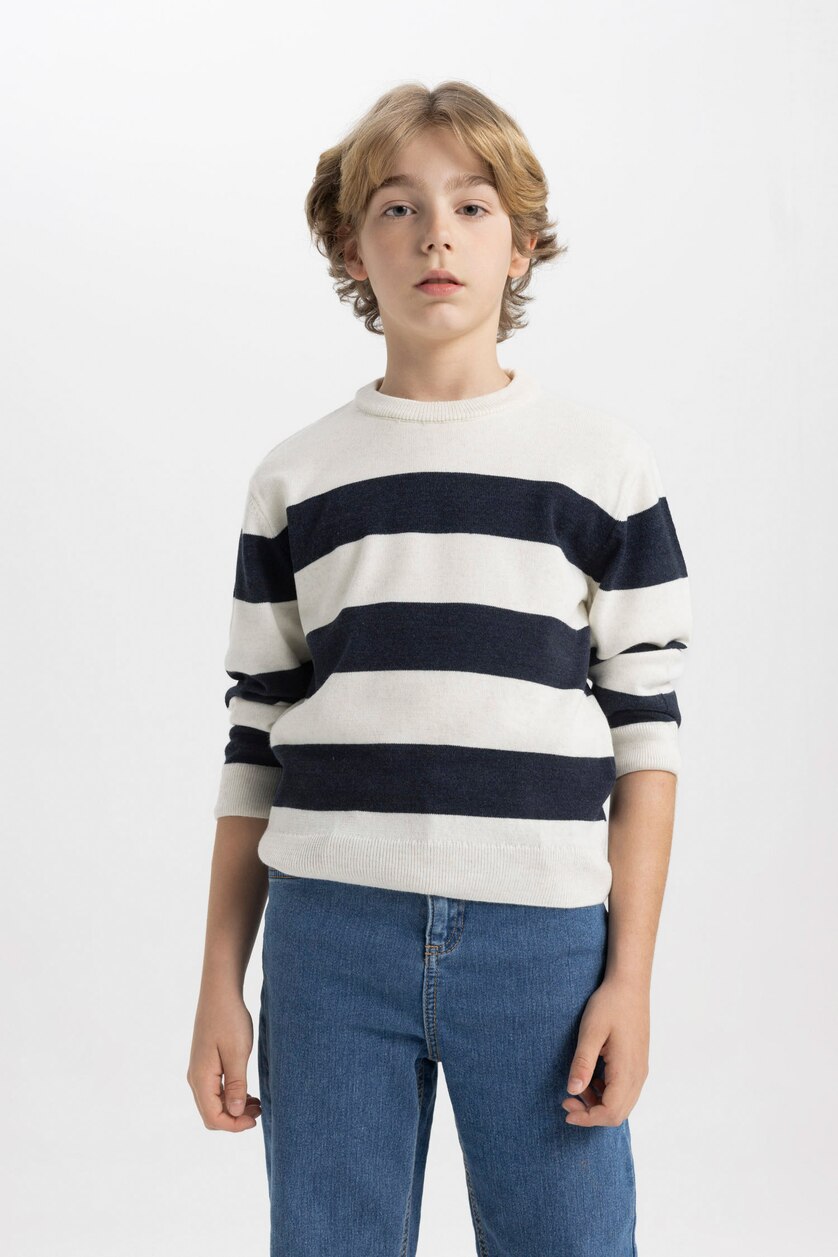BOYS & TEENS Ecru Melange Boy Crew Neck Striped Pullover