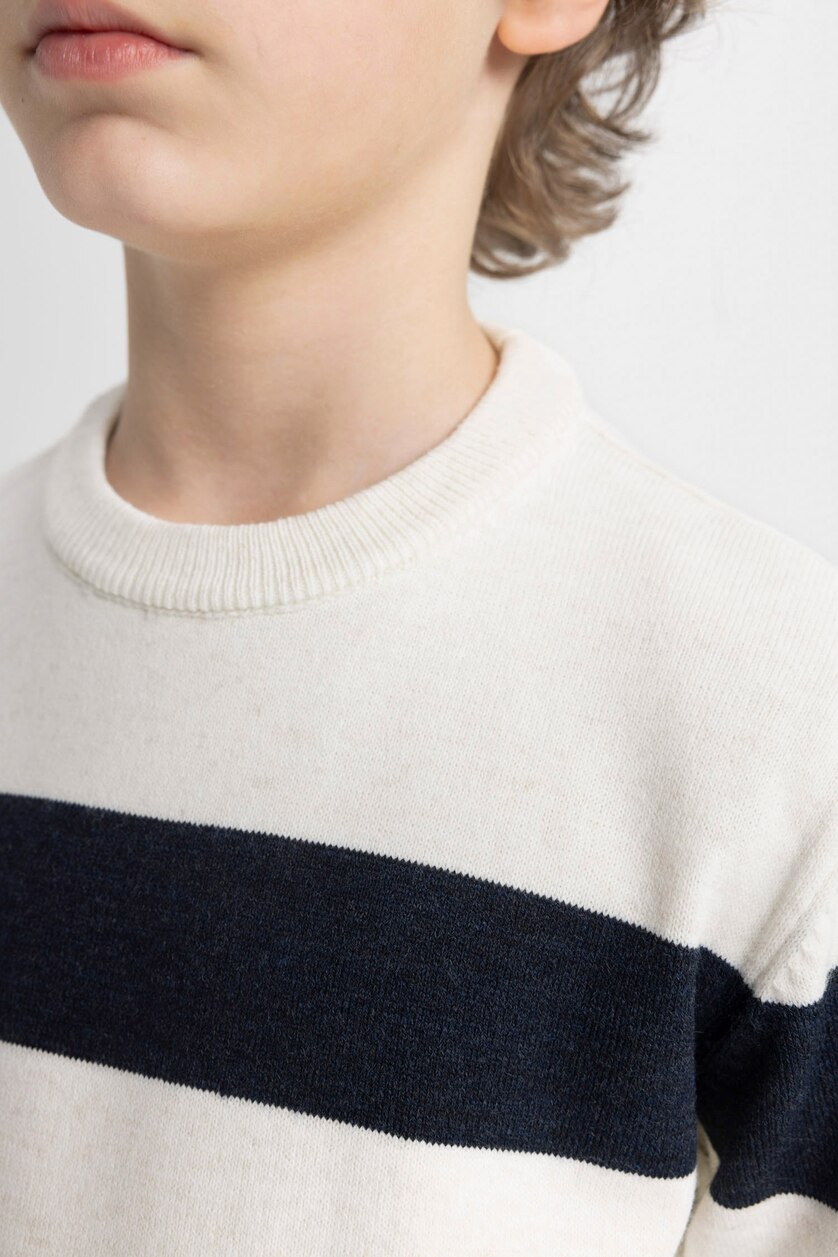 BOYS & TEENS Ecru Melange Boy Crew Neck Striped Pullover