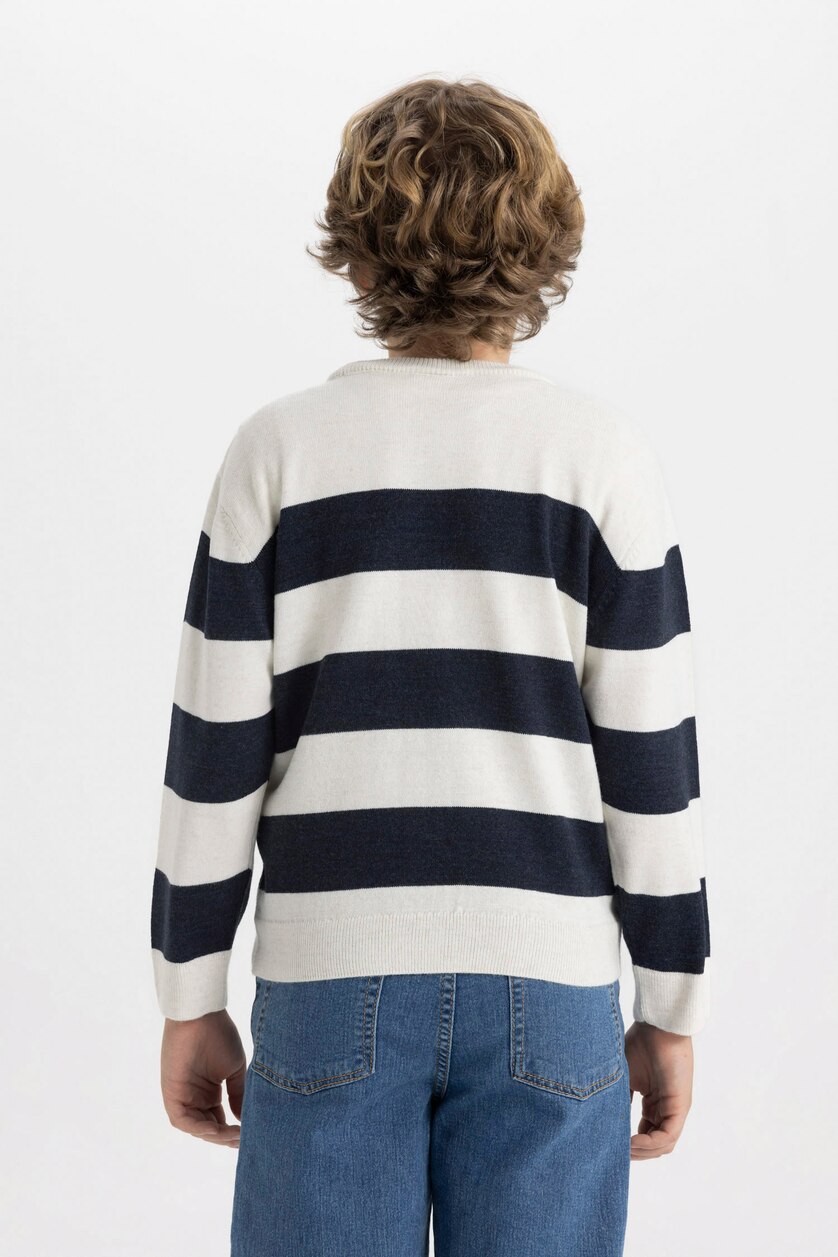 BOYS & TEENS Ecru Melange Boy Crew Neck Striped Pullover