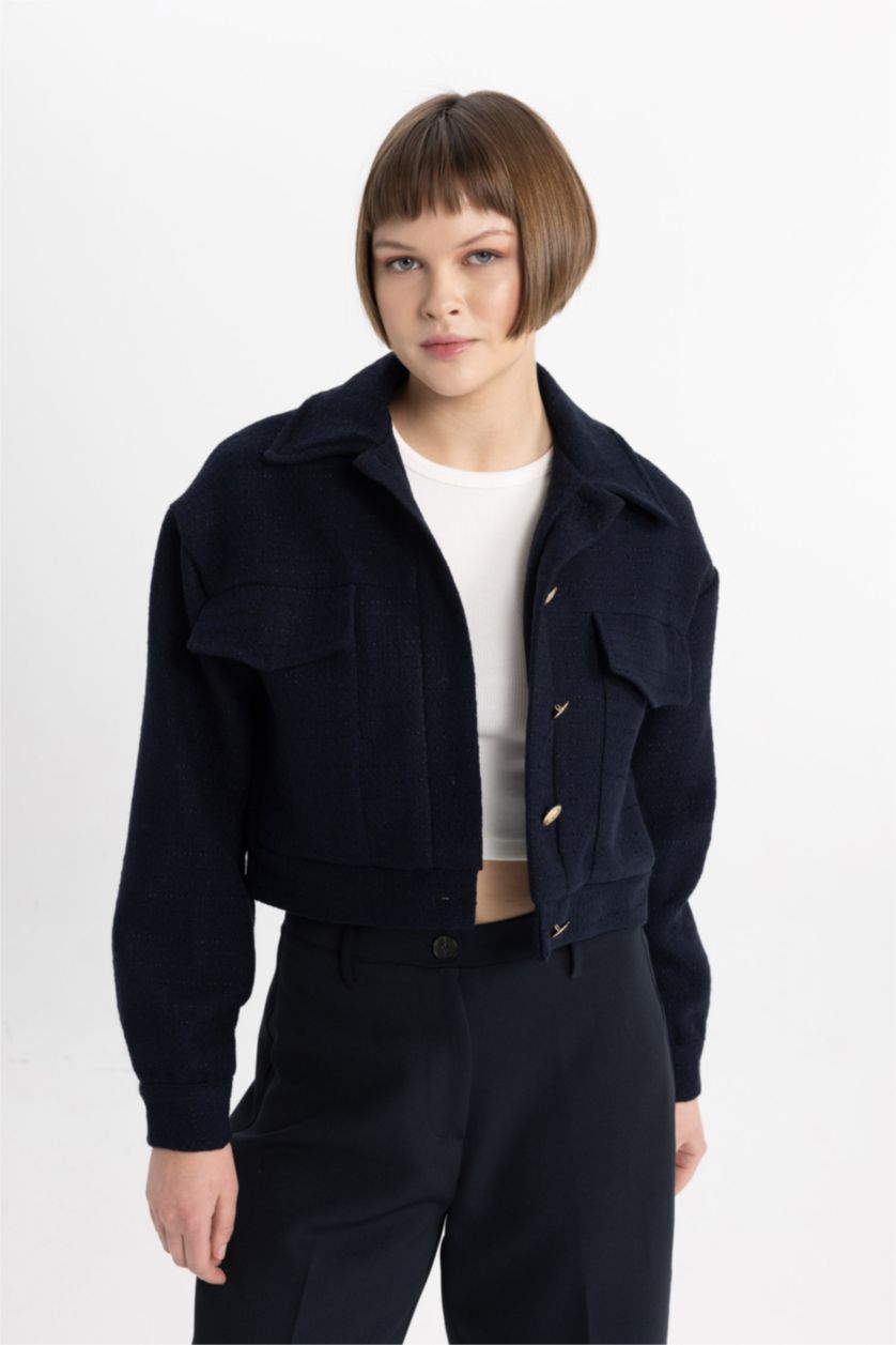 Woman NAVY Polo Collar Basic Tweed Fabric Blazer Jacket