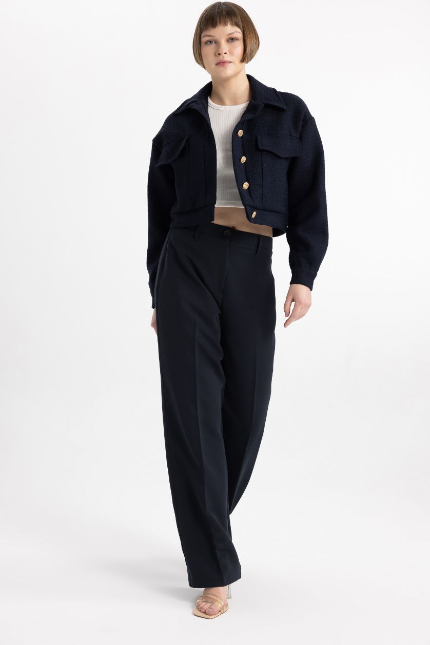 Woman NAVY Polo Collar Basic Tweed Fabric Blazer Jacket