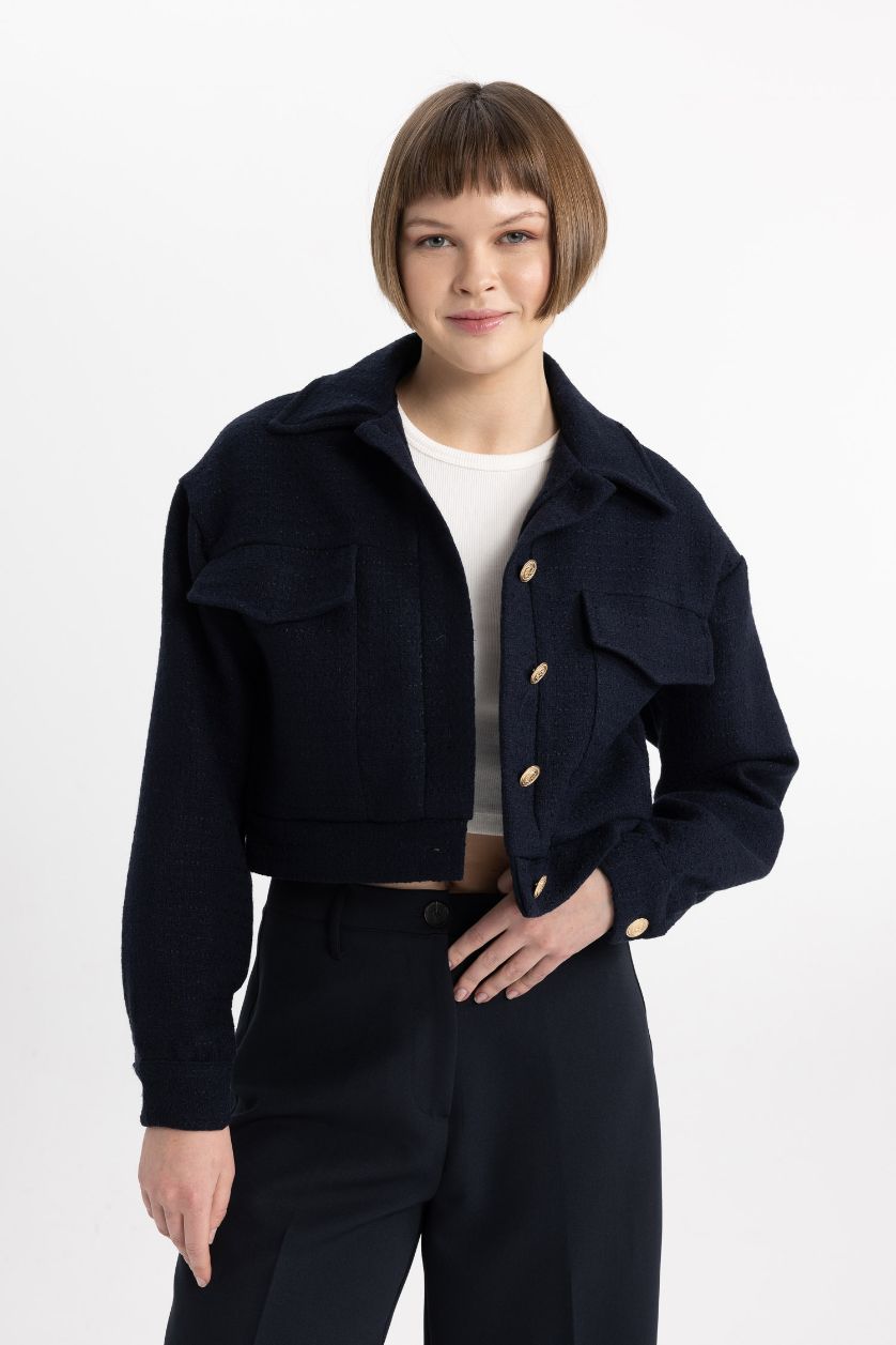 Woman NAVY Polo Collar Basic Tweed Fabric Blazer Jacket
