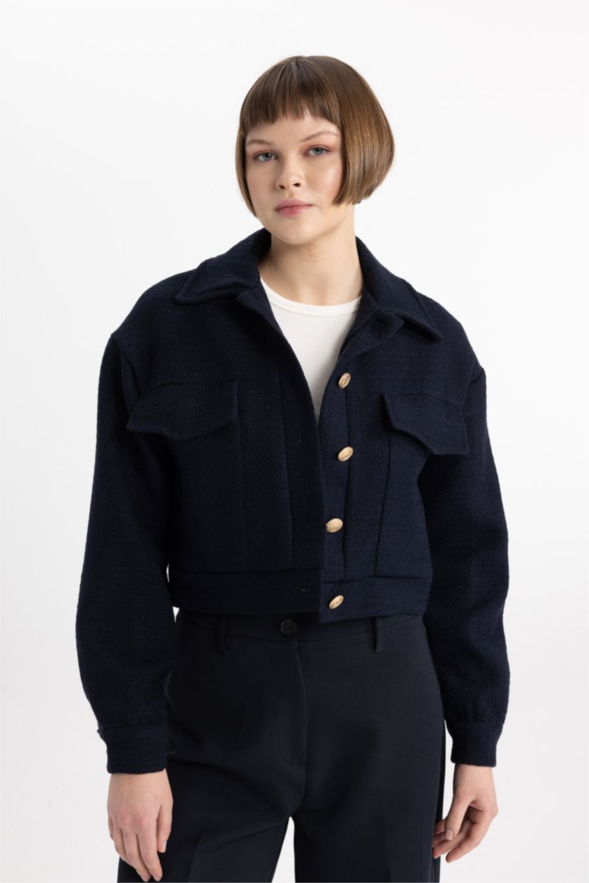 Woman NAVY Polo Collar Basic Tweed Fabric Blazer Jacket