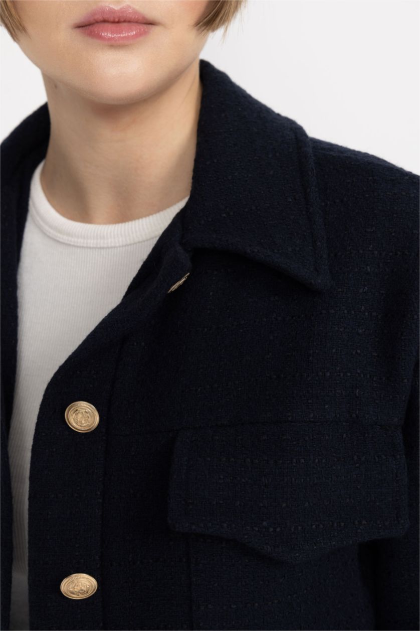 Woman NAVY Polo Collar Basic Tweed Fabric Blazer Jacket