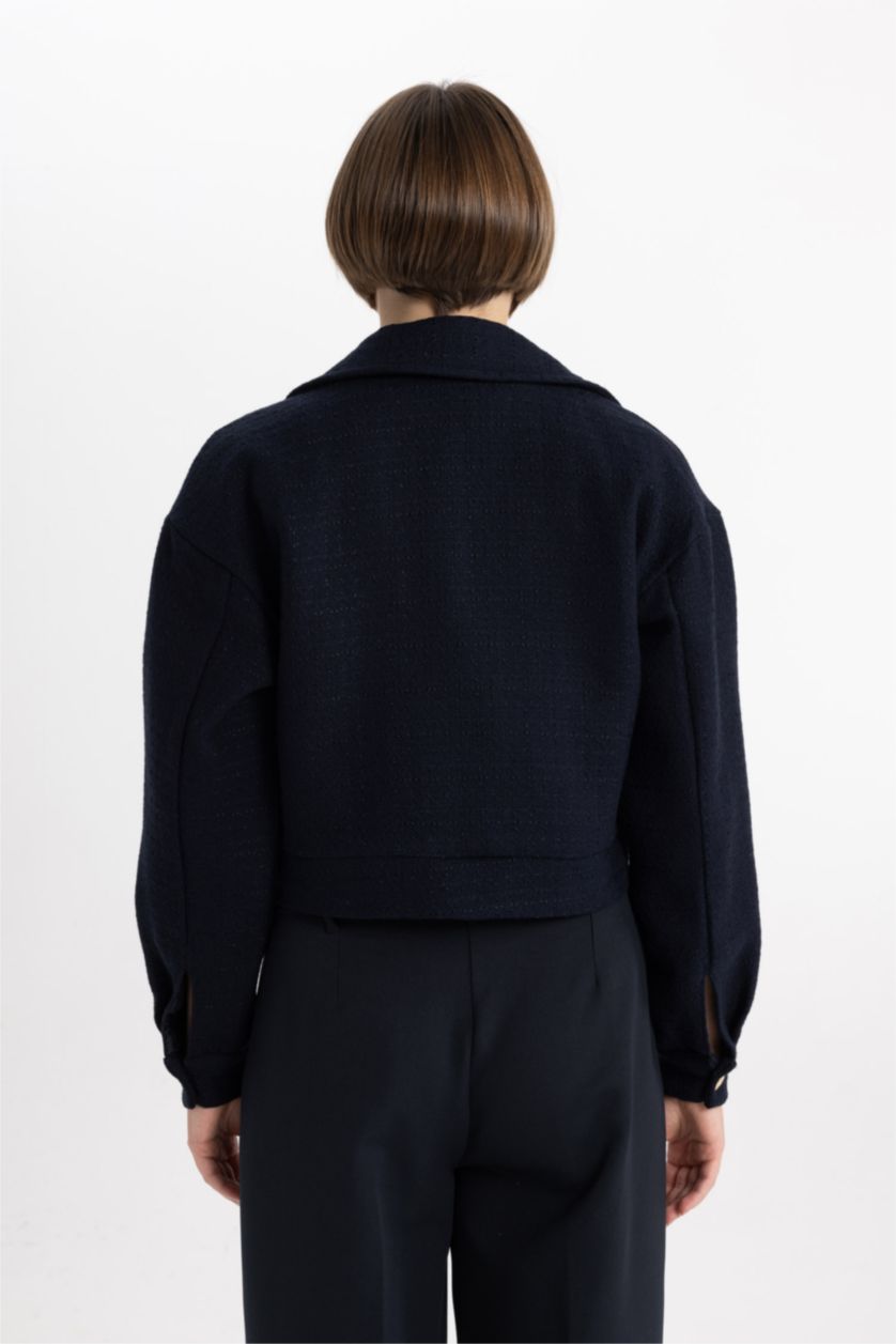 Woman NAVY Polo Collar Basic Tweed Fabric Blazer Jacket