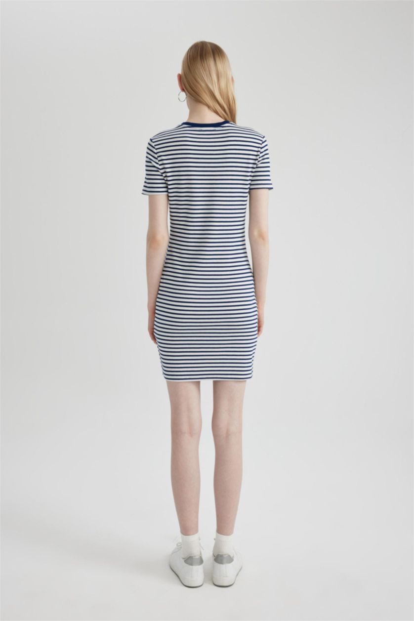 Kadın Saks Bodycon Vücudu Saran Bisiklet Yaka Çizgili Fitilli Kaşkorse Kısa Kollu Mini Elbise