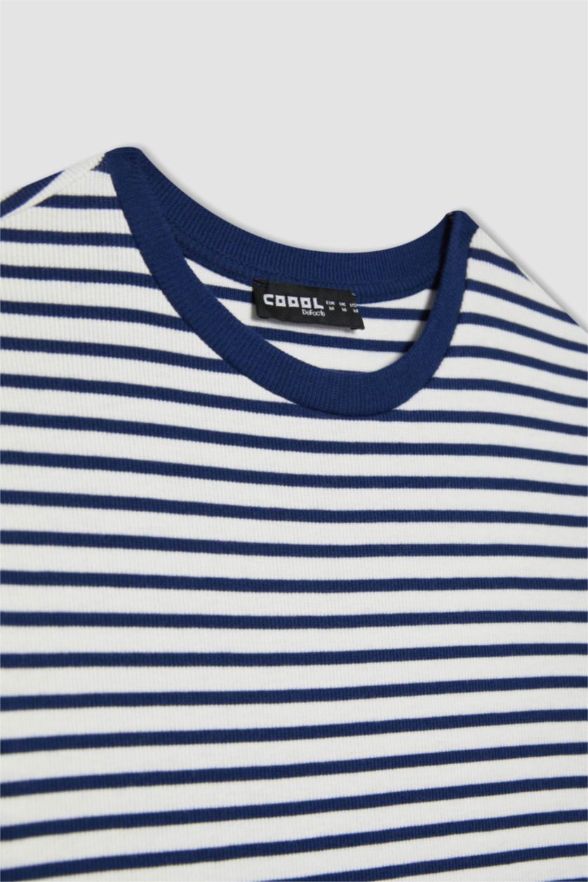 Kadın Saks Bodycon Vücudu Saran Bisiklet Yaka Çizgili Fitilli Kaşkorse Kısa Kollu Mini Elbise