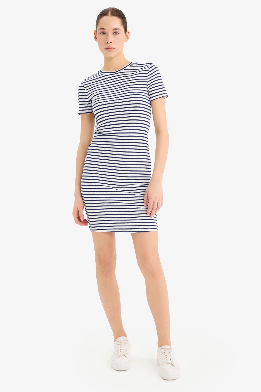 Kadın Lacivert Bodycon Vücudu Saran Bisiklet Yaka Çizgili Fitilli Kaşkorse Kısa Kollu Mini Elbise