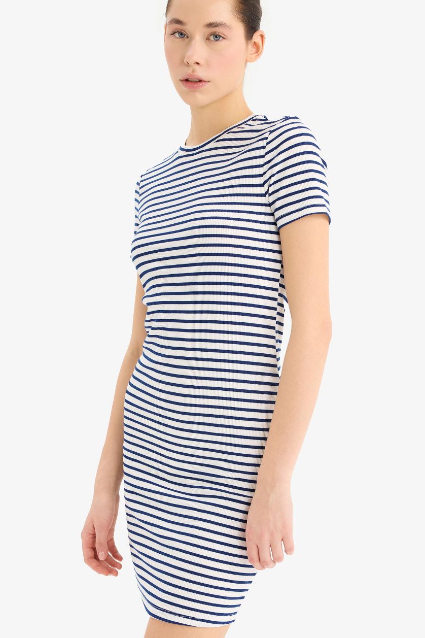 Kadın Lacivert Bodycon Vücudu Saran Bisiklet Yaka Çizgili Fitilli Kaşkorse Kısa Kollu Mini Elbise