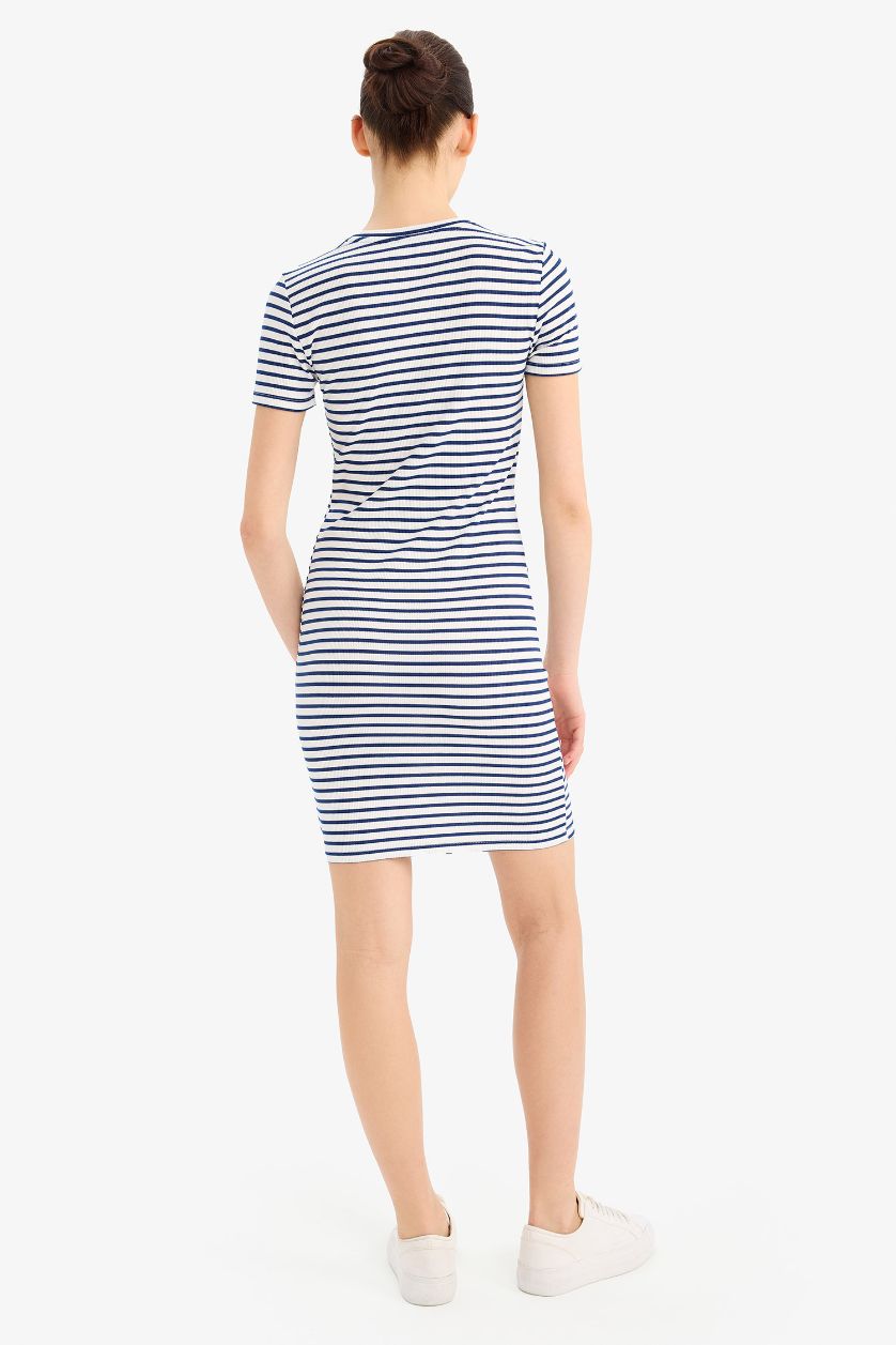 Kadın Lacivert Bodycon Vücudu Saran Bisiklet Yaka Çizgili Fitilli Kaşkorse Kısa Kollu Mini Elbise