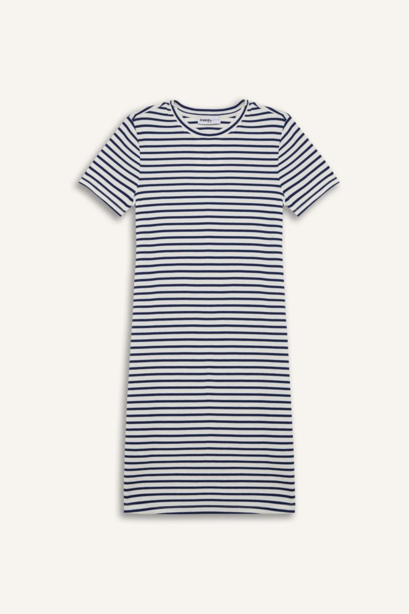 Kadın Lacivert Bodycon Vücudu Saran Bisiklet Yaka Çizgili Fitilli Kaşkorse Kısa Kollu Mini Elbise