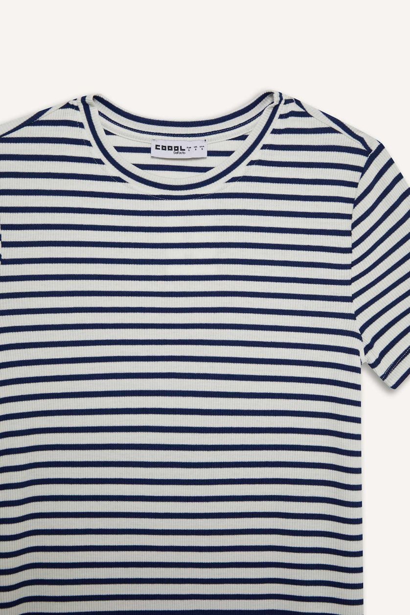 Kadın Lacivert Bodycon Vücudu Saran Bisiklet Yaka Çizgili Fitilli Kaşkorse Kısa Kollu Mini Elbise