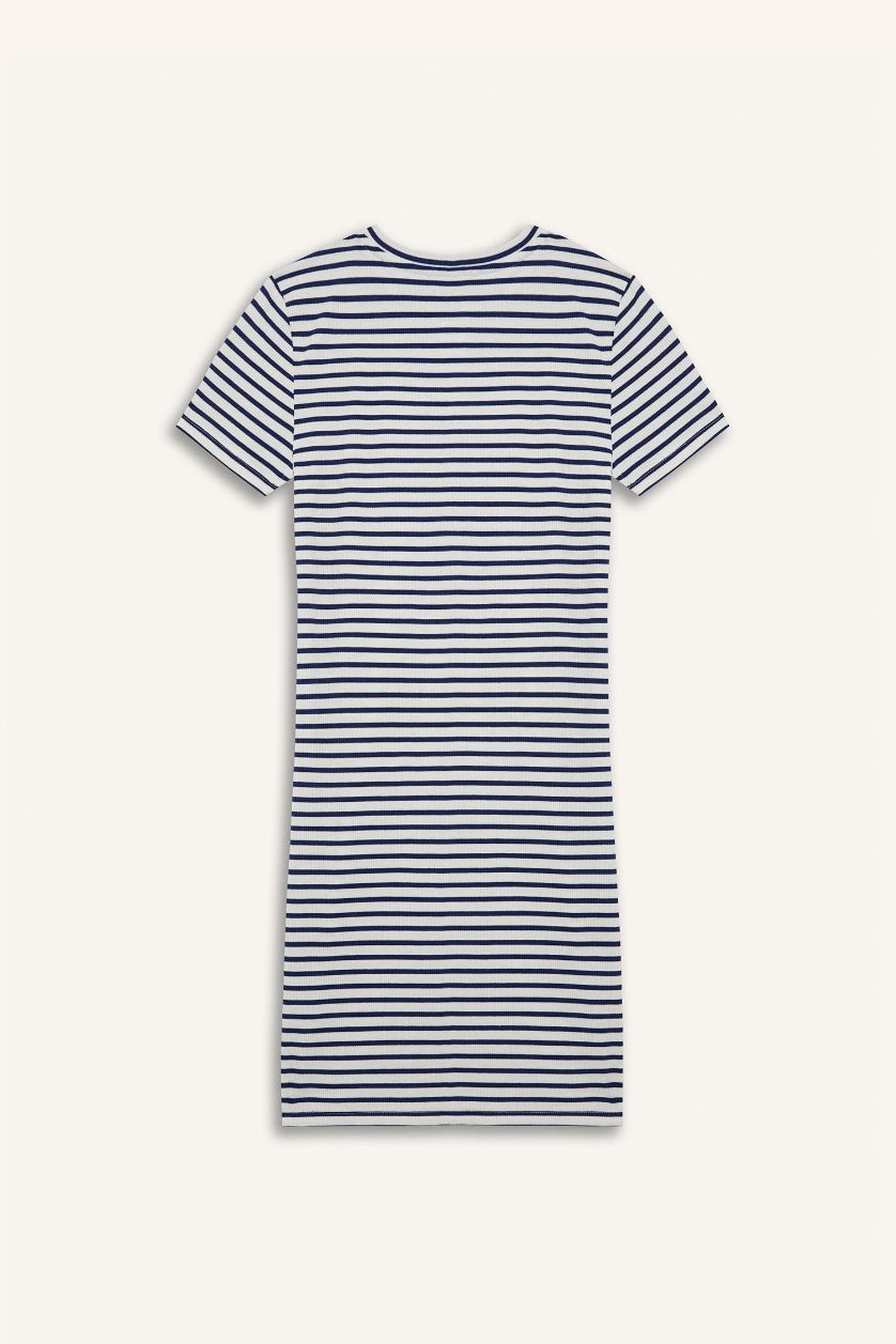 Kadın Lacivert Bodycon Vücudu Saran Bisiklet Yaka Çizgili Fitilli Kaşkorse Kısa Kollu Mini Elbise