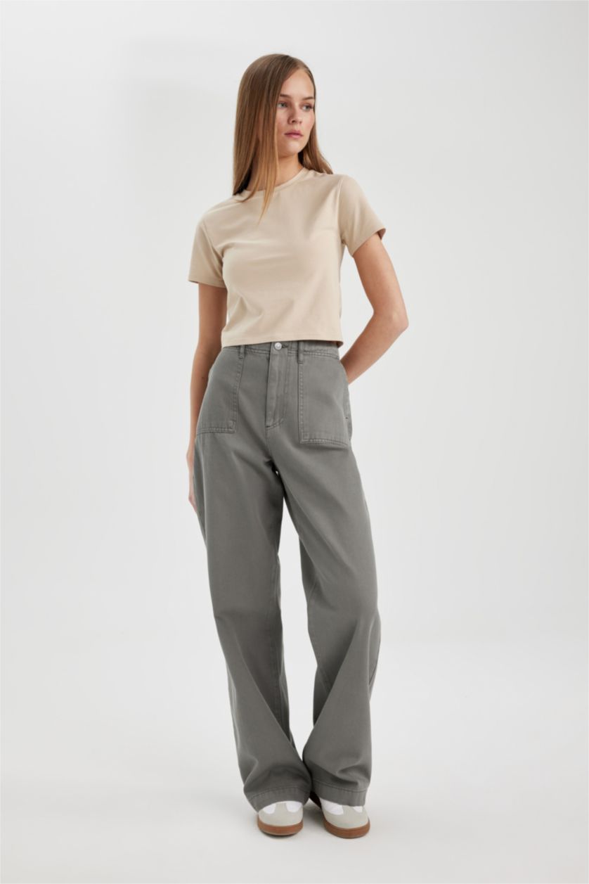 Kadın Gri Gabardin Pantolon Wide Leg Geniş Bol Paça Basic Düz Cepli Standart Boy Normal Bel
