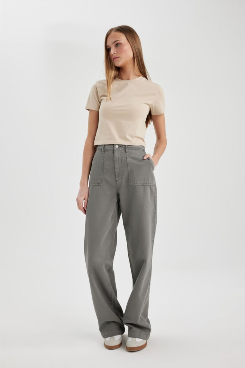 Kadın Gri Gabardin Pantolon Wide Leg Geniş Bol Paça Basic Düz Cepli Standart Boy Normal Bel