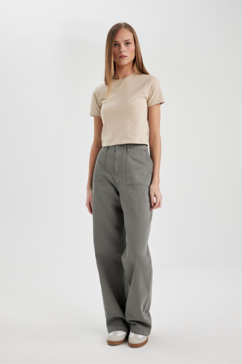 Kadın Gri Gabardin Pantolon Wide Leg Geniş Bol Paça Basic Düz Cepli Standart Boy Normal Bel