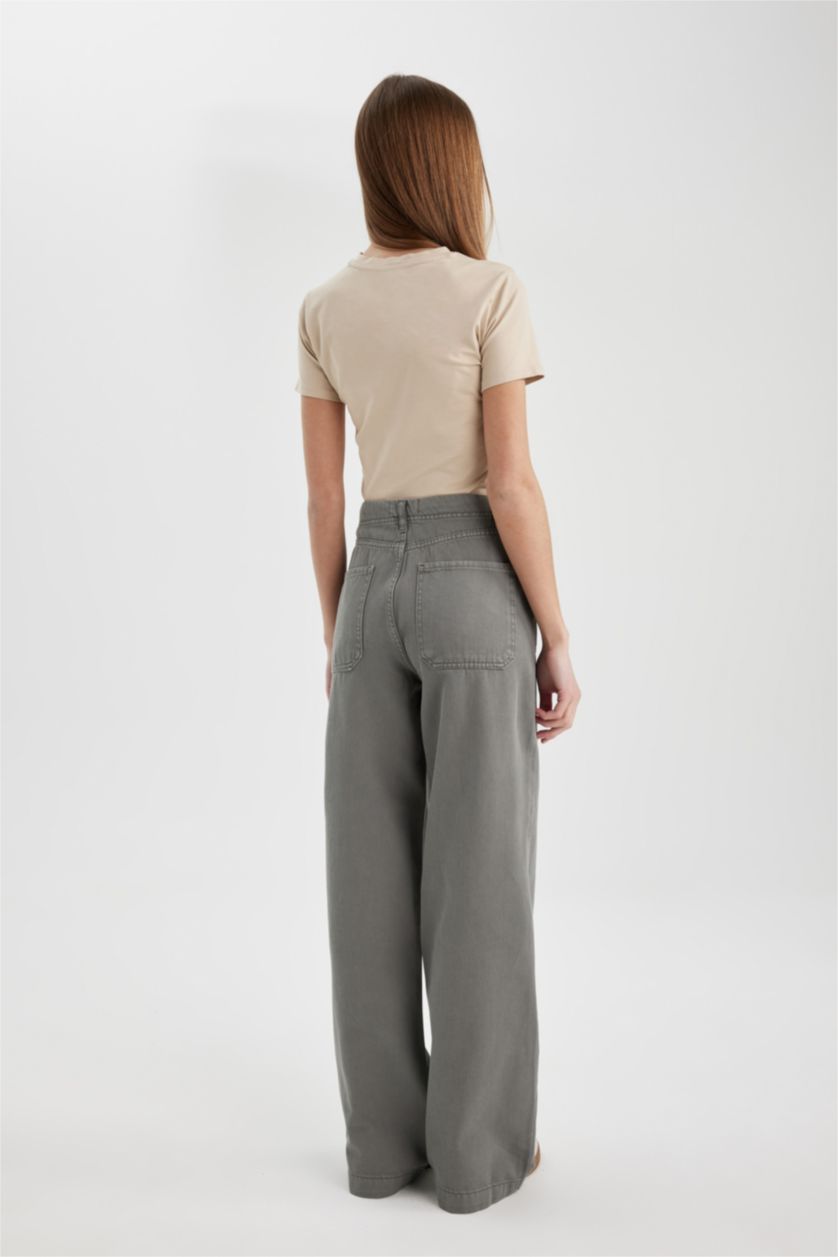 Kadın Gri Gabardin Pantolon Wide Leg Geniş Bol Paça Basic Düz Cepli Standart Boy Normal Bel