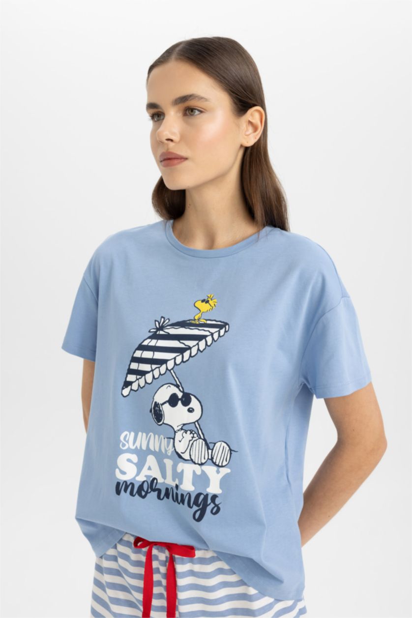 نساء أزرق طقم بيجاما قصة عادية نص كم من سنوبي - قطعتين