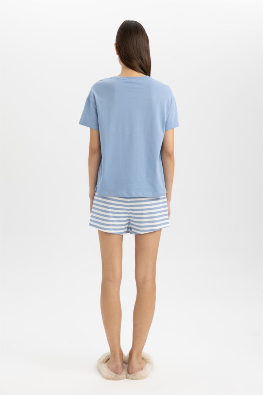 نساء أزرق طقم بيجاما قصة عادية نص كم من سنوبي - قطعتين