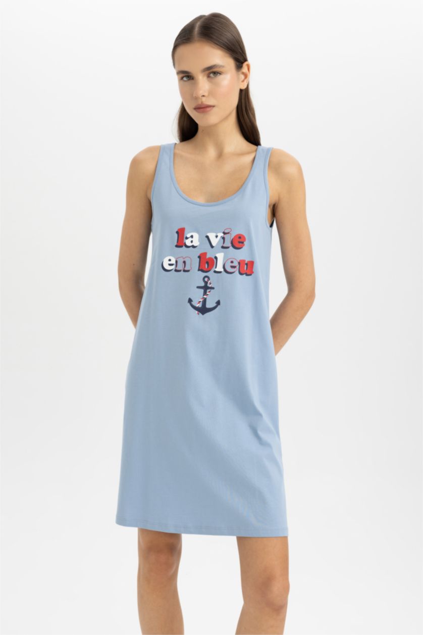 FEMME Bleu Chemise de Nuit sans Manches imprimée