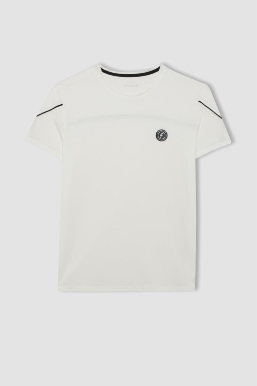 Erkek Beyaz DeFactoFit Standart Fit Bisiklet Yaka Baskılı Ağır Kumaş Kısa Kollu Sporcu Tişört