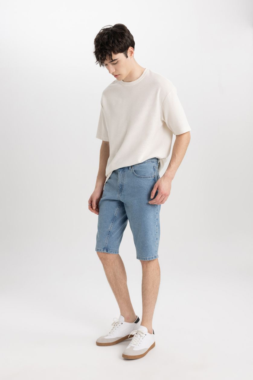 MAN Light Blue Regular Fit Denim Bermuda Shorts