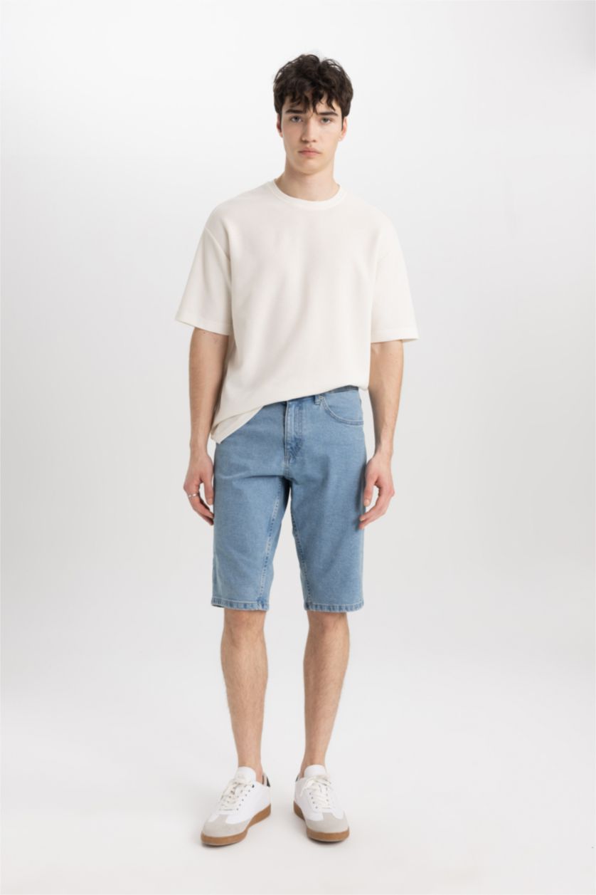 MAN Light Blue Regular Fit Denim Bermuda Shorts