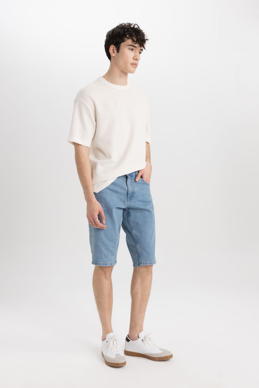 MAN Light Blue Regular Fit Denim Bermuda Shorts