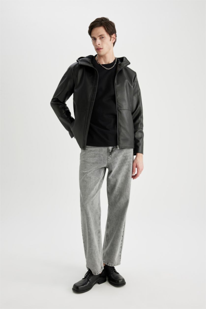 Erkek Siyah Slim Fit Suni Deri Ceket Mont Dar Kesim Kapüşonlu Fermuarlı Cepli Mevsimlik