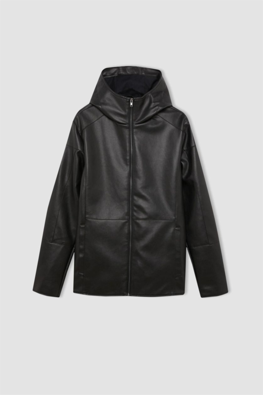 Erkek Siyah Slim Fit Suni Deri Ceket Mont Dar Kesim Kapüşonlu Fermuarlı Cepli Mevsimlik